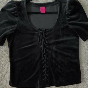 Betsey Johnson Black Velvet Puff Sleeve Corset Top Size 1